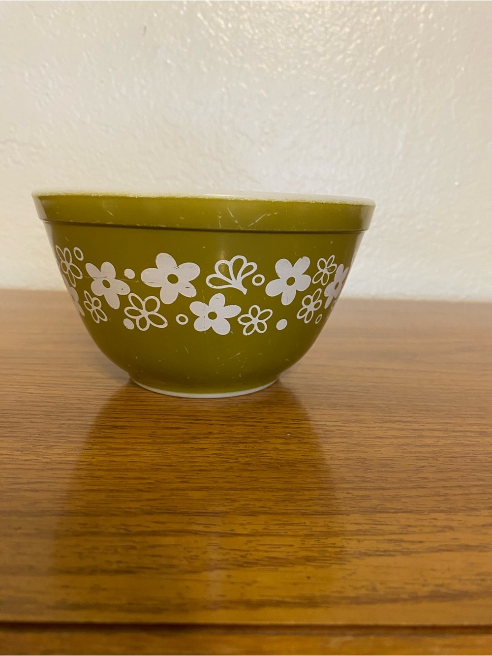 Pyrex Olive Green Floral Mixing Bowl with White Flower Pattern